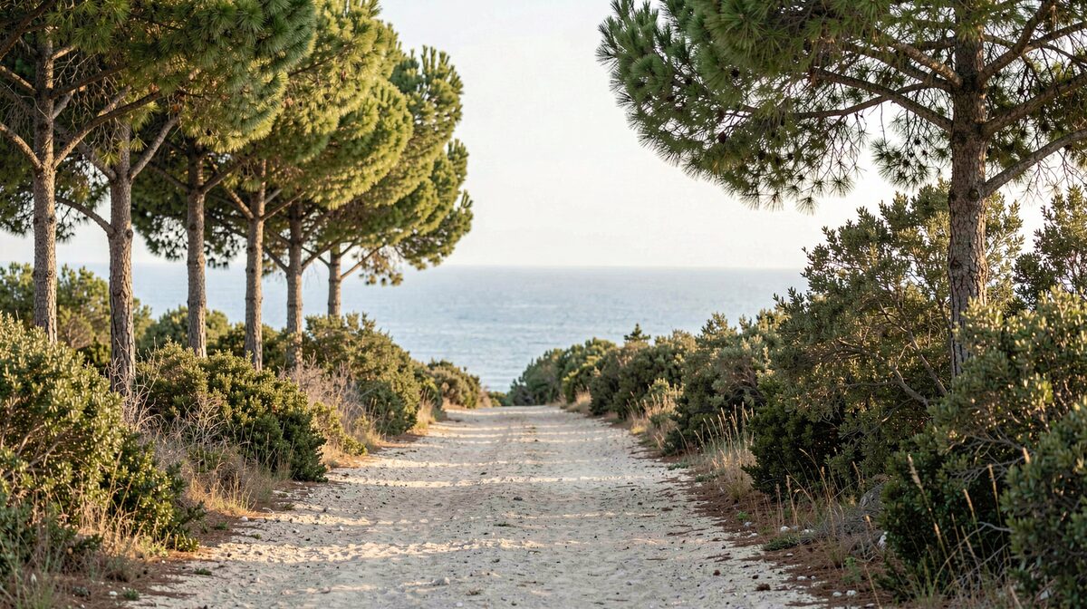 Un sentier de sable clair bordé de pins d'Alep et de maquis bas, lumière rasante du matin, vue à hauteur d'homme vers la mer au loin.